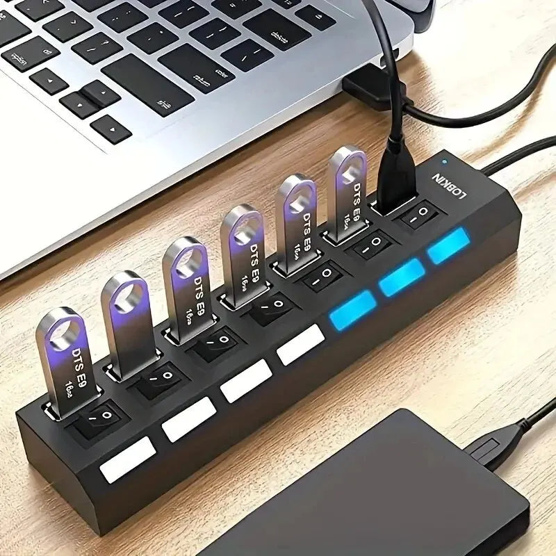 Hub USB 2.0 de alta velocidad con 4/7 con interruptor de luz LED para PC y portátil